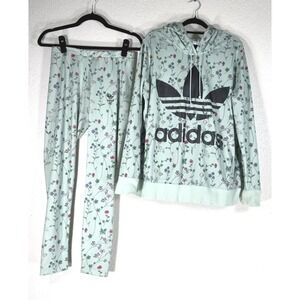 Adidas Mint Green Floral Hoodie and Leggings Set - M - Trefoil Logo Tracksuit